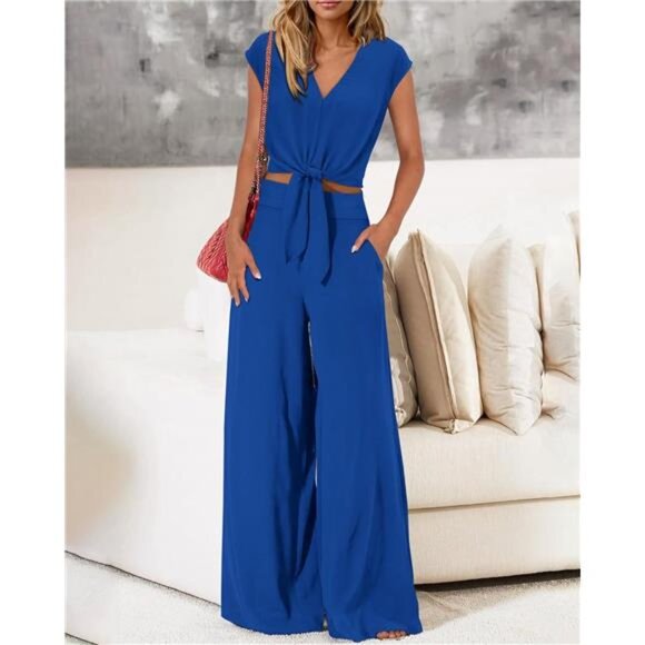 🌴 Women’s 2-Piece Pant Set | V-Neck Wrap Crop Top - Picture 3 of 6